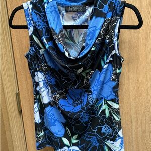 Kasper Sleeveless Top with Blue and Black Floral Design